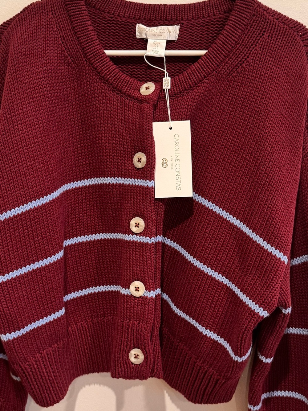 NWT Caroline Constas Burgundy Blue Striped Cotton Cardigan Women's Large Preppy - Picture 3 of 6